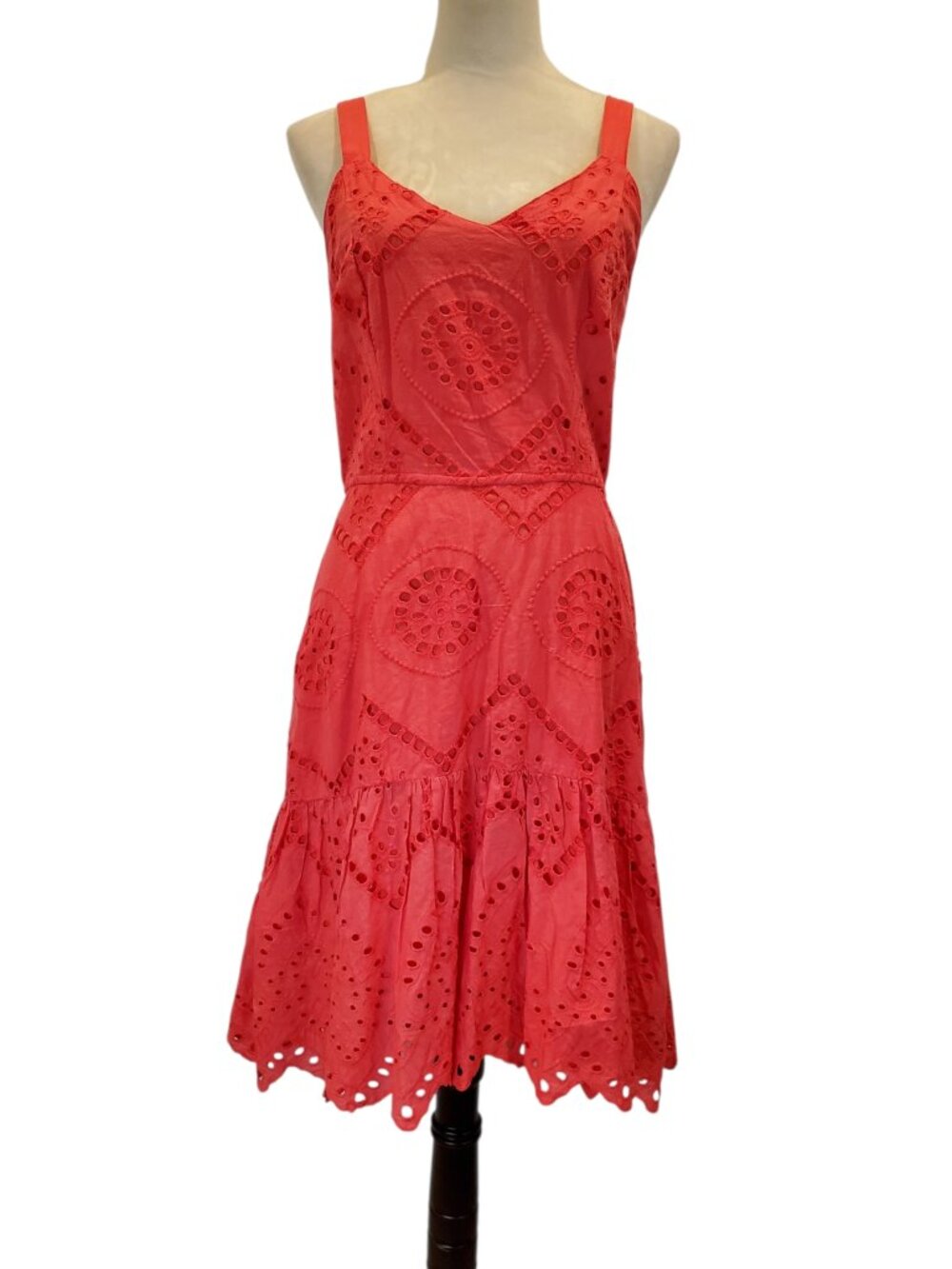 JAPNA Red Eyelet Cotton Sundress Smocked Back Tiered Midi Dress SZ L